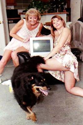 Real mom and daughter with their retro pc