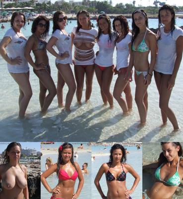 Grupo de chicas en bikini posando en la playa